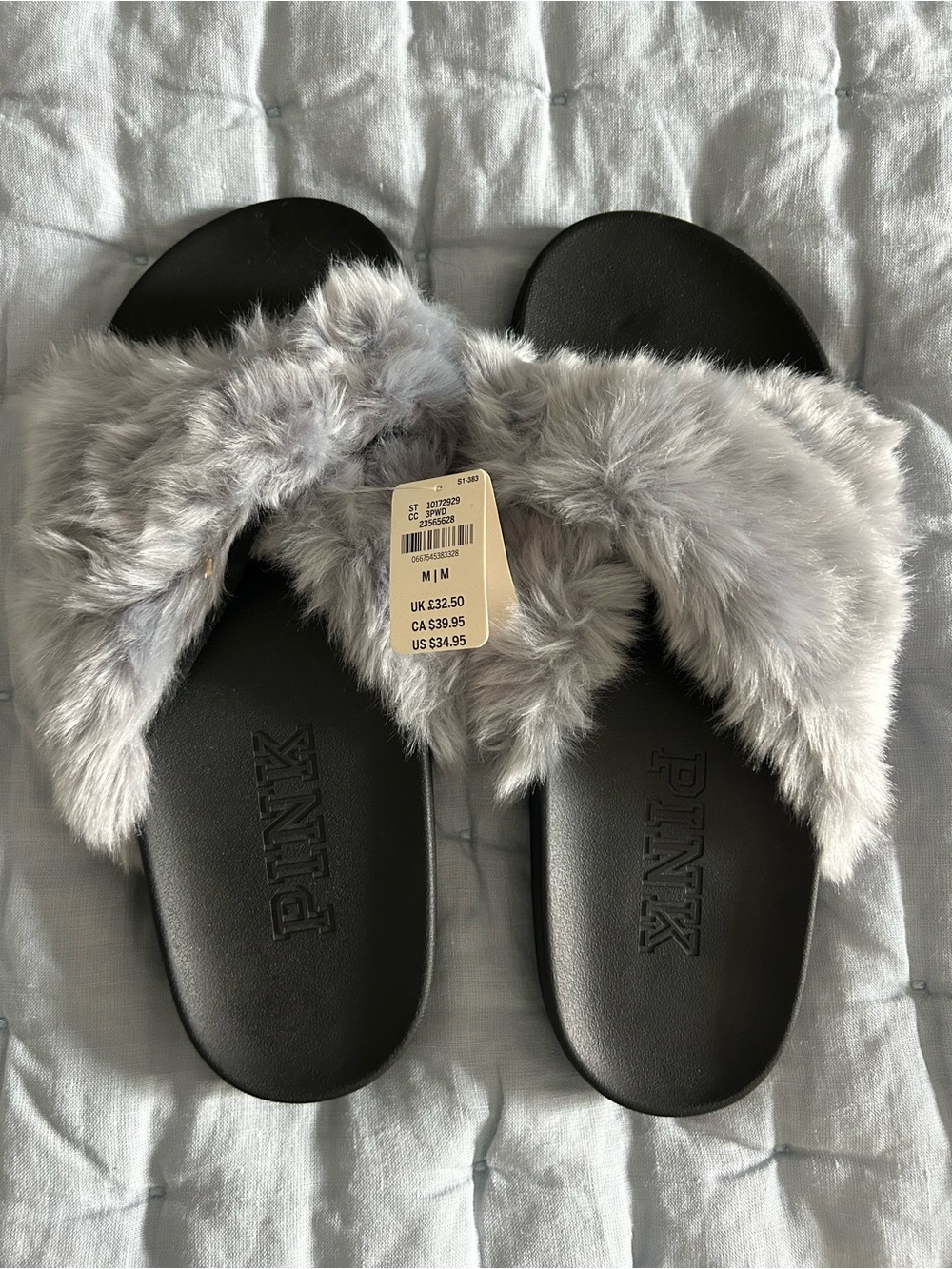 PINK Victoria's Secret Gray Faux Fur Slide Sandals with Black Footbed
